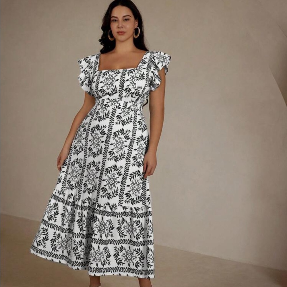Square Neck Black & White Floral Midi Dress